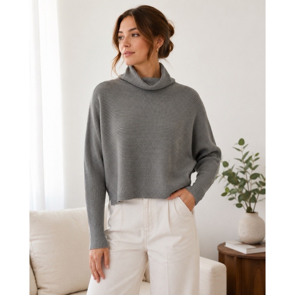 Magaschoni Gray‎ Boxy Turtleneck Sweater XS Ribbed Dolman Crop Knit